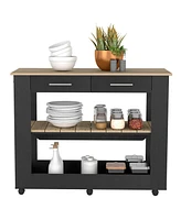 Delos Kitchen Island 36" H, Six Casters, Two Drawers, Open Storage Shelves, Towel Hanger