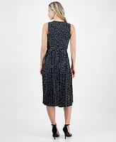 Anne Klein Women's Dot-Print Tie-Front Pleated Sleeveless Midi Dress