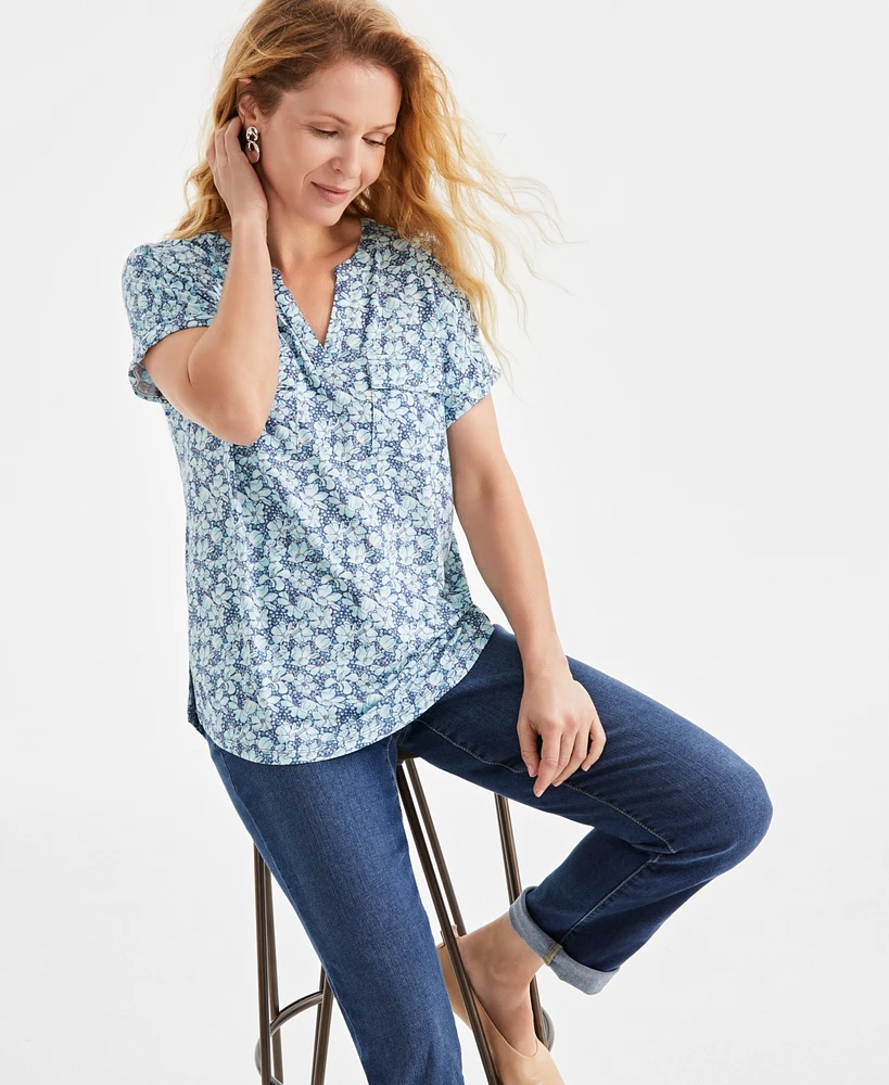 Style & Co Women's Printed Split-Neckline Short-Sleeve Top, Exclusively at Macy's