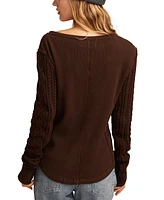 Lucky Brand Women's Cotton Textured Mixed-Sleeve Henley Top