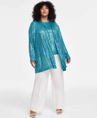 Anne Klein Plus Size Sequin Open Front Cardigan Sequin Mesh Trim Short Sleeve Top Compression Pull On Wide Leg Trousers