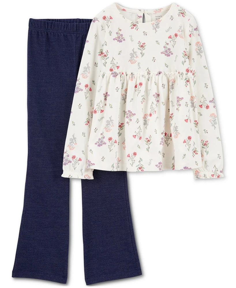 Carter's Little & Big Girls Floral-Print Long-Sleeve Top & Pull-On Flare Pants, 2 Piece Set