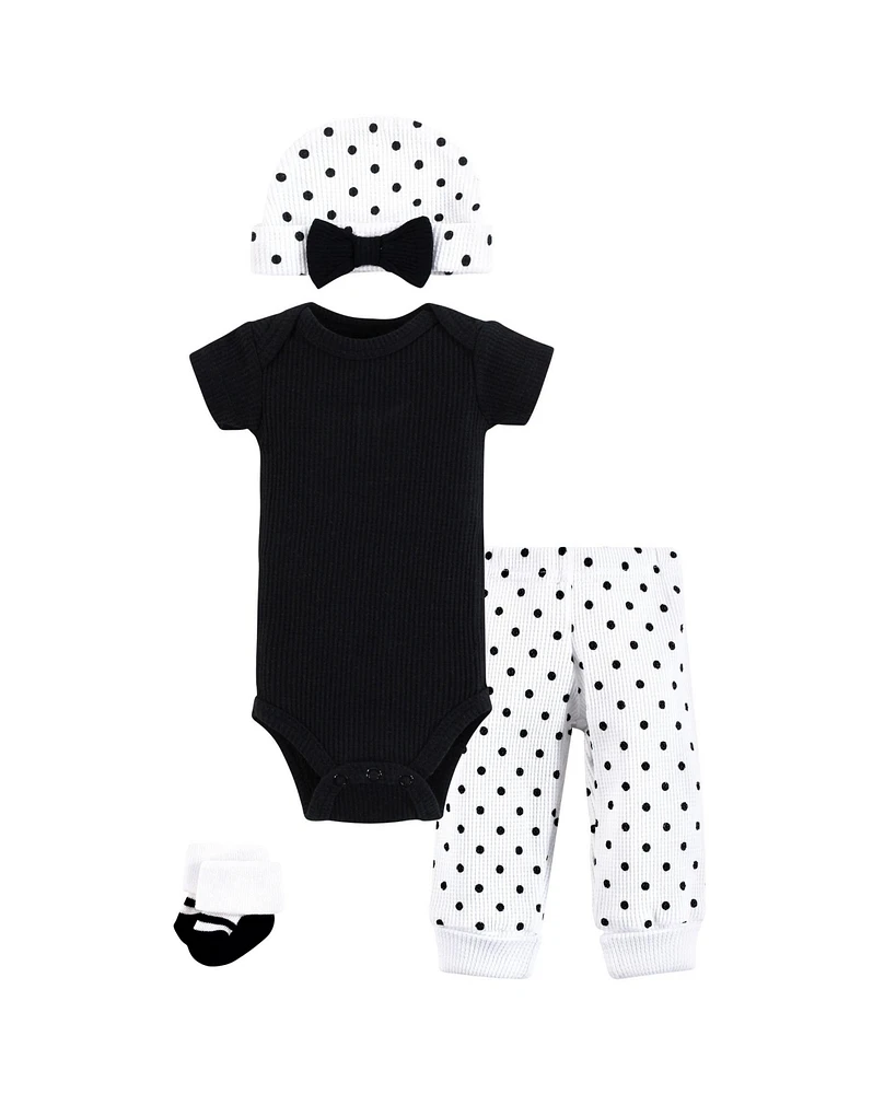 Hudson Baby Baby Girls Thermal Preemie Layette Set 4pc Short Sleeve Outfit, Black White Dots, Preemie