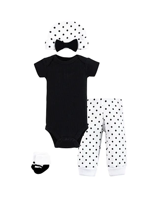 Hudson Baby Baby Girls Hudson Thermal Preemie Layette Set 4pc Short Sleeve Outfit, Black White Dots, Preemie