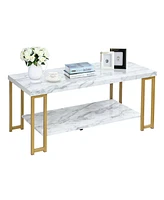 Gymax Modern Coffee Table Faux Marble Top Accent Cocktail Table w/ Gold Metal Frame