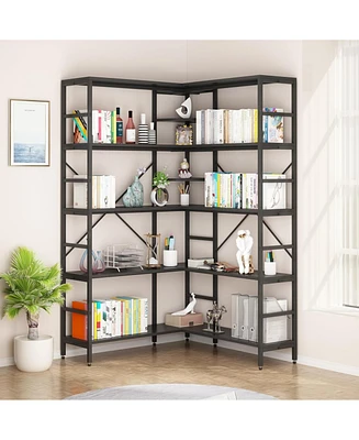 gaomon 5-Tier L-Shaped Corner Bookshelf - Industrial Tall Bookcase with Heavy-Duty Metal Frame for Bedroom, Living Room, and Home Office