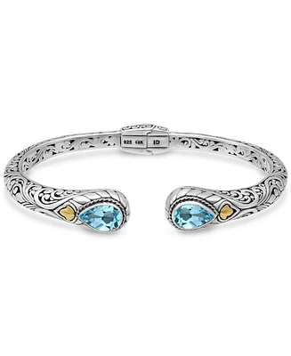 Devata Blue Topaz & Bali Cuff Bracelet in Sterling Silver and 18K Gold Accents, Large