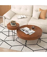 Costway Farmhouse Round CoffeeTable Set of 2 End Table Natural Finish for Living Room