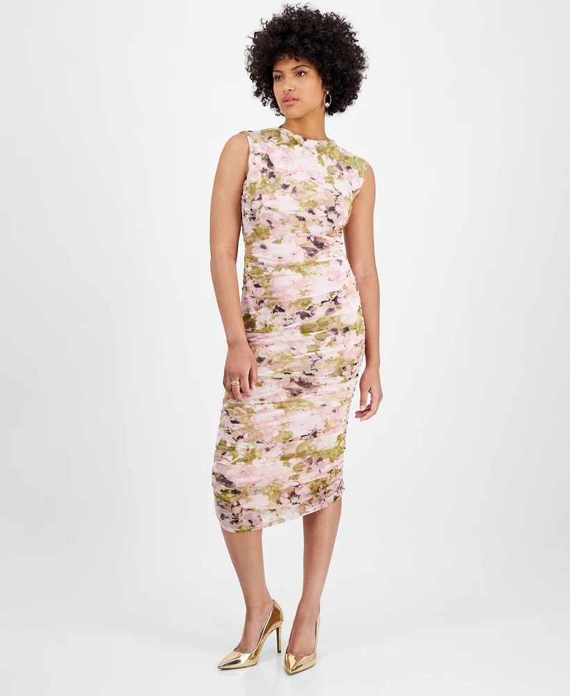 Bar Iii Women's Floral Mesh Ruched Sleeveless Dress, Exclusively at Macy's