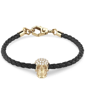 Philipp Plein Men's Enigma Crystal Skull Black Leather Bracelet in Gold Ion-Plated Stainless Steel