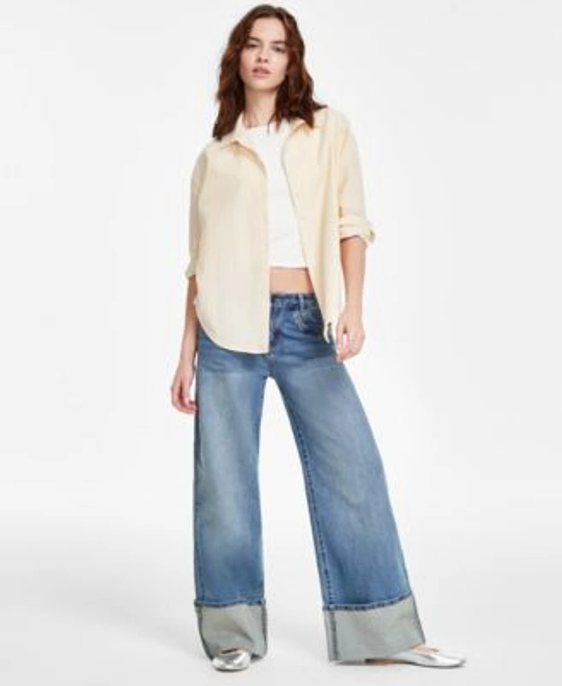 Self Esteem Juniors Striped Long Sleeve Button Up Shirt Hippie Rose Juniors T Shirt Madden Girl Juniors Wide Leg Cuffed Jeans