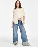 Self Esteem Juniors Striped Long Sleeve Button Up Shirt Hippie Rose Juniors T Shirt Madden Girl Juniors Wide Leg Cuffed Jeans