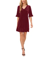 CeCe Women's Velvet Elbow Sleeve Ruffle Trim Shift Dress