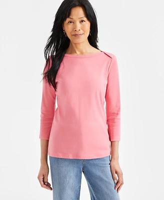 Style & Co Women's Pima Cotton 3/4-Sleeve Boat-Neck Top, Regular Petite, Created for Macy's