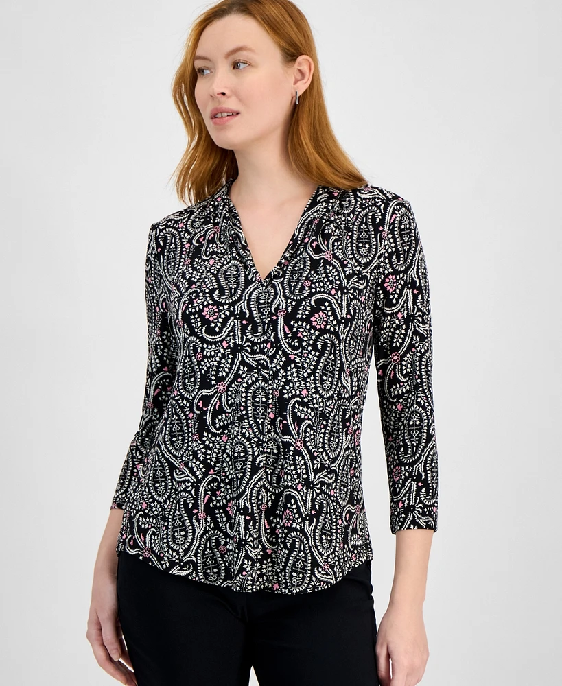 Jm Collection Women's Printed V-Neck 3/4-Sleeve Top, Created for Macy's