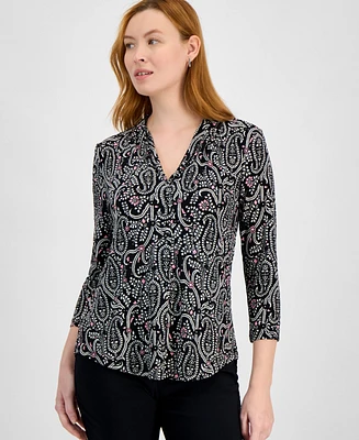 Jm Collection Women's Printed V-Neck 3/4-Sleeve Top, Created for Macy's