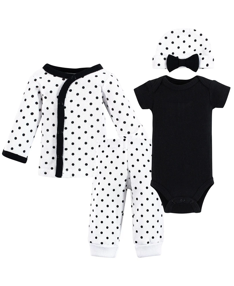 Hudson Baby Baby Girls Thermal Preemie Layette 4pc Set, Black White Dots, Preemie