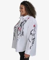 Karl Lagerfeld Paris Plus Sketch Girl Embellished Printed Cotton Button-Front Shirt, Exclusively at Macy's