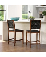 Sugift Set of 2 Woven Bar Stools with Faux Pu Leather Straps