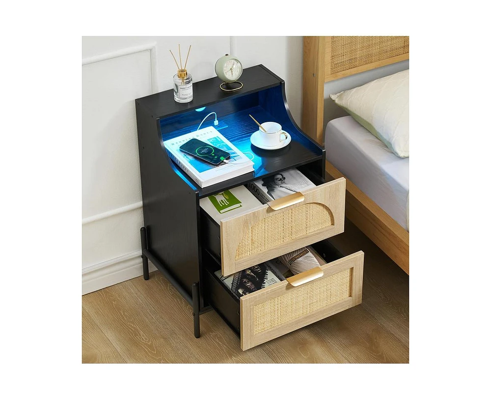 gaomon Rattan Nightstand, Nightstand with Charging Station with and Led Lights, Bedside Table with Usb Ports and Outlets, Rattan Drawer, Black Nightst