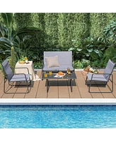 Sugift 4 Pieces of Metal Patio Furniture Chat Set with Tempered Glass Coffee Table