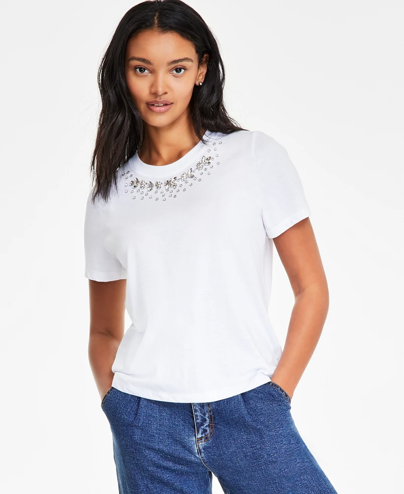 On 34th Women's Embellished-Neck T-Shirt, Created for Macy's