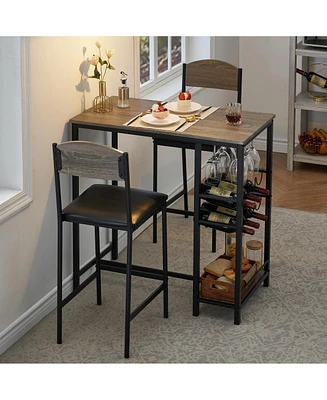 gaomon Bar Table Set for 2 with Footrest, Kitchen Dining Table with 2 Upholstered Chairs,Grey