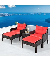 Vebreda 5 Pieces Patio Rattan Sofa Ottoman Furniture Set with Cushions