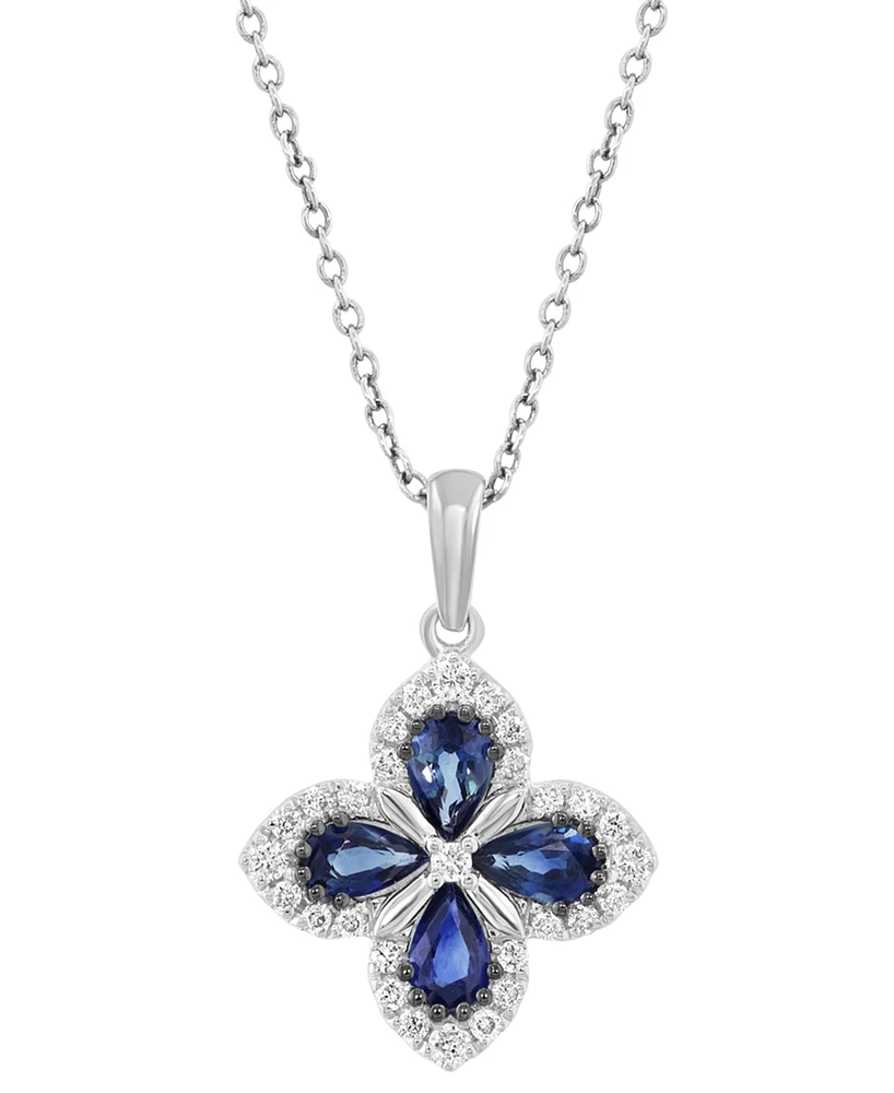 Effy Sapphire (7/8 ct. t.w.) & Diamond (1/5 ct. t.w.) Flower Pendant Necklace in 14k White Gold, 18" + 1" extender