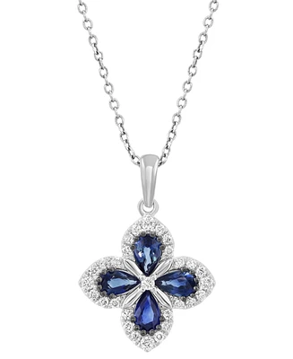 Effy Sapphire (7/8 ct. t.w.) & Diamond (1/5 ct. t.w.) Flower Pendant Necklace in 14k White Gold, 18" + 1" extender