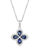 Effy Sapphire (7/8 ct. t.w.) & Diamond (1/5 ct. t.w.) Flower Pendant Necklace in 14k White Gold, 18" + 1" extender