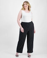 Ak Anne Klein Plus Dot-Print Pull-On Wide-Leg Pants