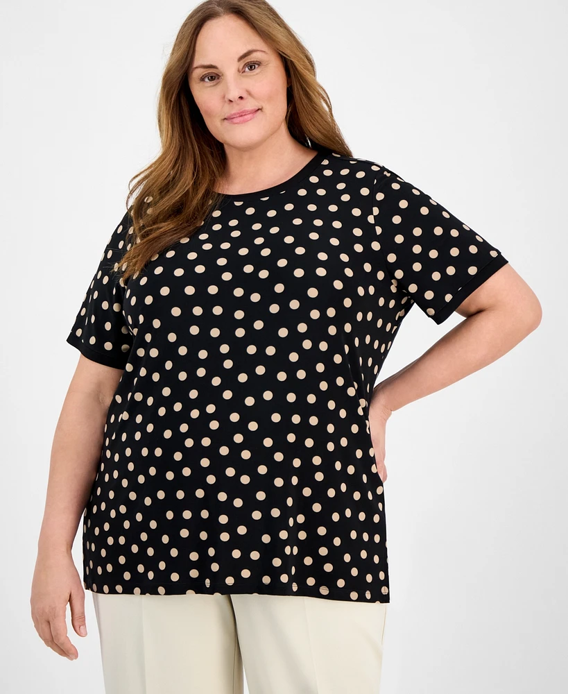 Ak Anne Klein Plus Dot-Print Button-Back Top