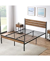 gaomon Full Platform Bed Frame with Wooden Headboard and Metal Slats/Rustic Country Style Mattress Foundation/Strong Metal Slats Support/Easy Assembly