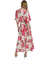 Halston Women's Satin Floral-Print Belted Dress