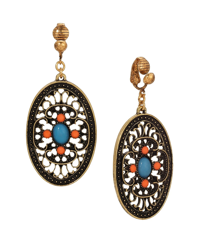 2028 Enamel Large Oval Filigree Clip Earrings