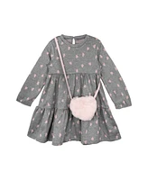 Rare Editions Little Girls Heart Knit Dress with Matching Fuzzy Bag, 2-Piece Set