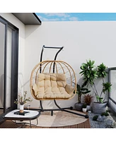 Pamapic Outdoor 2-Person Hanging Wicker Double Egg Porch Swing Chair with Stand and Beige Cushion