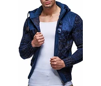 Leif Nelson Men's Knit Zip-up Jacket With Geometric Patterns and Leather Accents