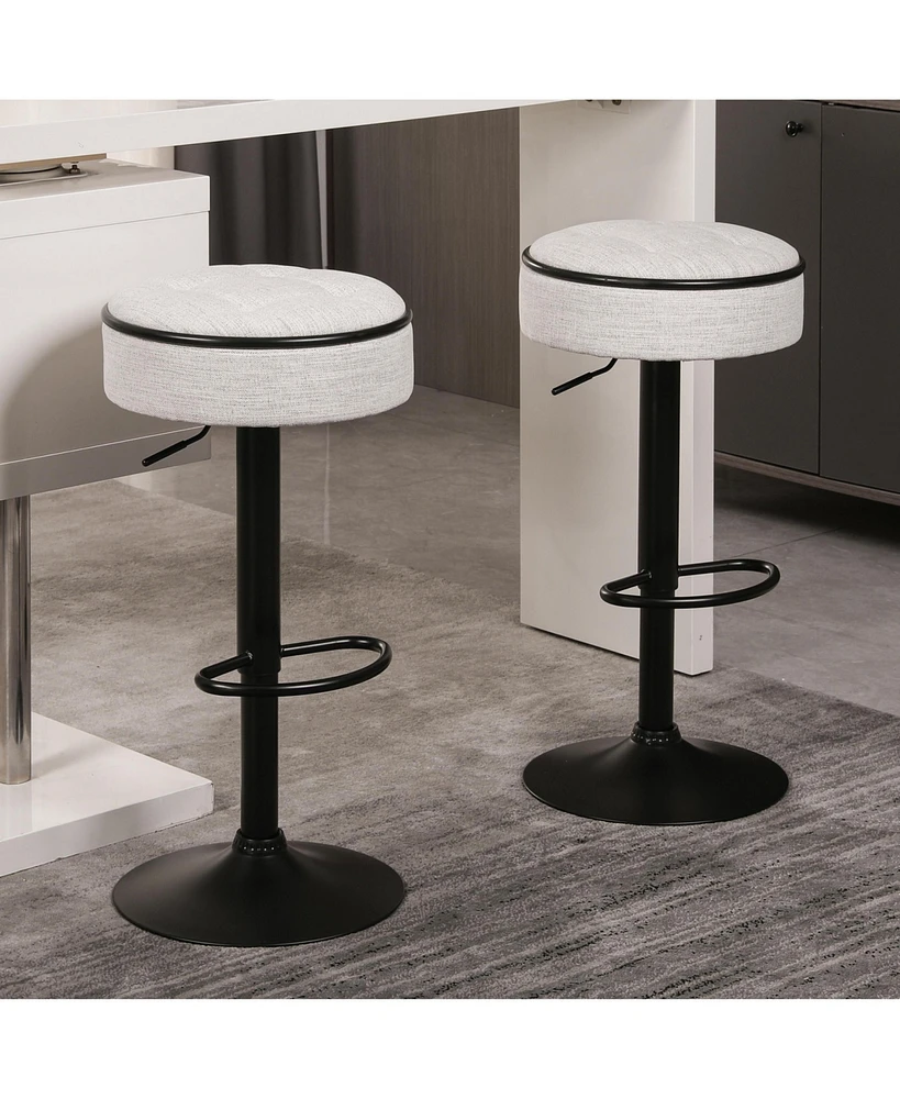 Streamdale Furniture Round Storage Bar Stool Set of 2, Off White Linen Height Adjustable Barstool, 360Counter Height Swivel Stool, Armless Bar Chair w