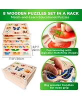 Quokka 8XSET Wooden Puzzles for Toddlers 2-4 with Rack - Alphabet, Numbers