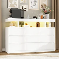 Homsee White Dresser with 9 Handleless Drawers & Led Light, Chest of Drawers with Charging Station