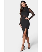 Bebe Women's Mesh Inset Long Sleeve Midi Dress