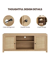 gaomon Tv Stand for 75 Inch Tv, Rattan Entertainment Center with Storage, Wood Tv & Media Console