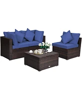 Sugift 4 Pieces Ottoman Garden Patio Rattan Wicker Furniture Set with Cushion-Navy
