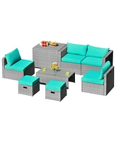 Sugift 8 Pieces Patio Rattan Furniture Set with Storage Waterproof Cover and Cushion-Turquoise