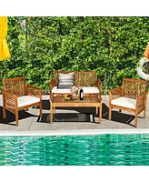 Sugift 4 Pieces Outdoor Acacia Wood Sofa Furniture Set