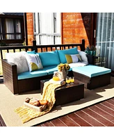 Sugift 5 Pieces Patio Rattan Furniture Set with Coffee Table-Turquoise