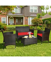 Sugift 4 Pieces Comfortable Rattan Outdoor Conversation Furniture Set with Glass Table