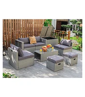 Sugift 8 Pieces Patio Rattan Furniture Set with Storage Waterproof Cover and Cushion-Gray
